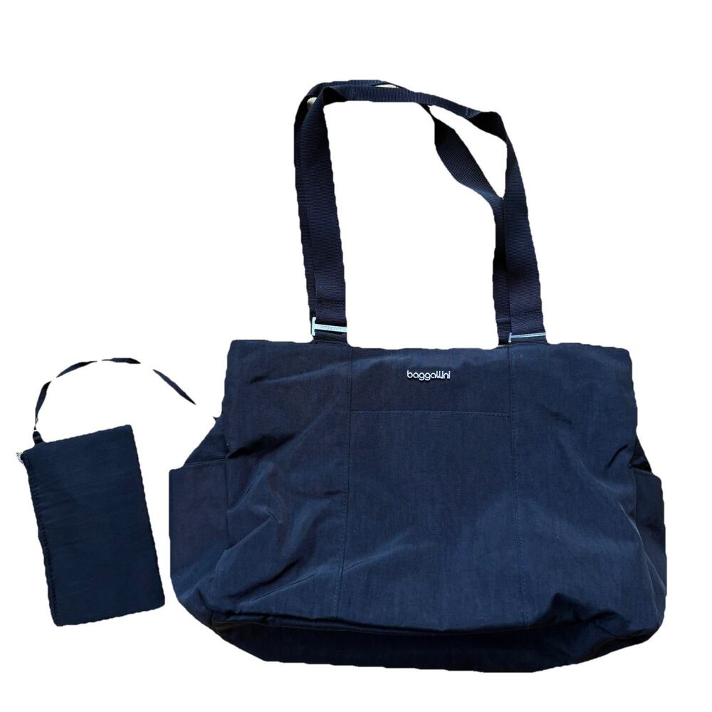 Baggallini East West Black Nylon Tote Bag Triple Entry Work Travel RFID Wallet